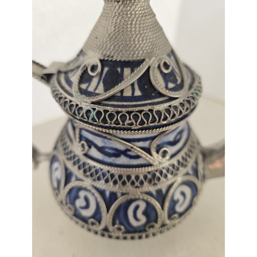 Moroccan Teapot Ceramic Silver Tone Filigree Vintage Blue & White Ceramic 6.5" - Picture 2 of 16